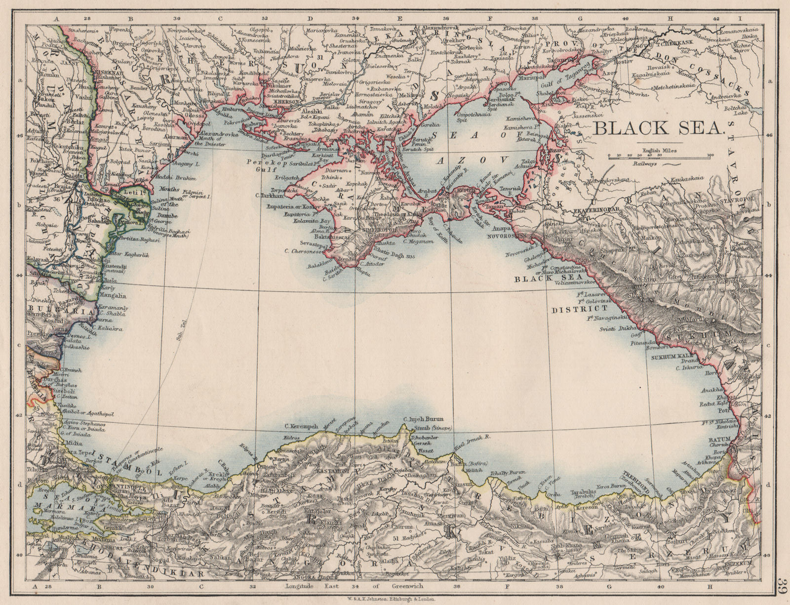 BLACK SEA. Russia Turkey Crimea Romania Bulgaria Kutais. JOHNSTON 1900 old map